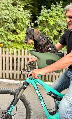 Customer's green Kvisp Dog Bike Carrier mounted on a bike with a small dog riding in it.