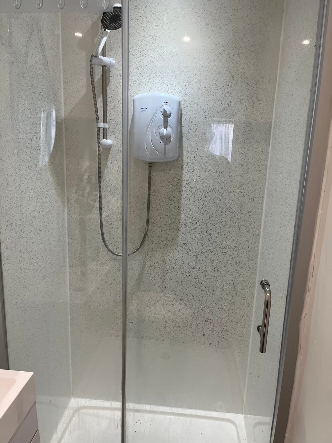 Customer photo review of 10mm Platinum White Sparkle Gloss Shower Panel 1M x 2.4M