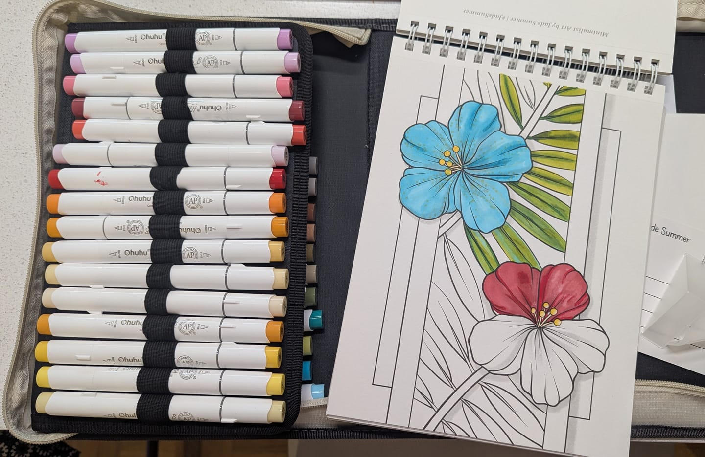 Customer photo review of Ohuhu x Jade Summer Alcohol Markers & Coloring Book Set, 47 Colors + 1 Colorless Blender, Honolulu B, Brush & Fine Dual Tips