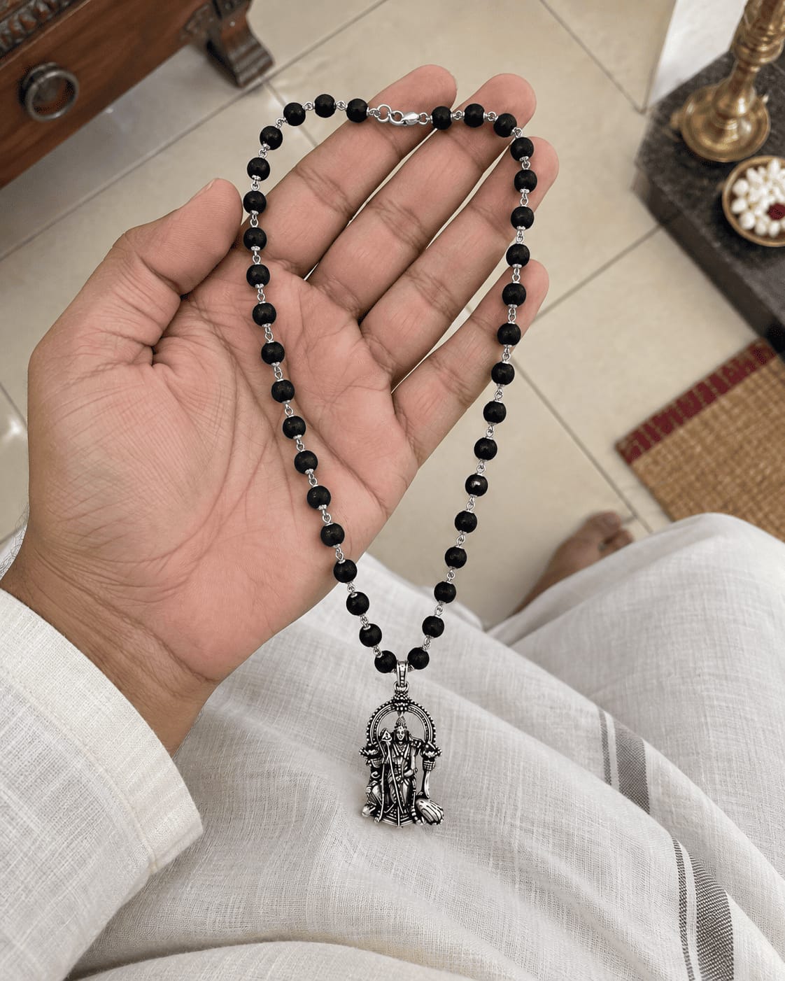 Customer photo review of Original Karungali Mala with Silver Plated Lord Murugan Pendant