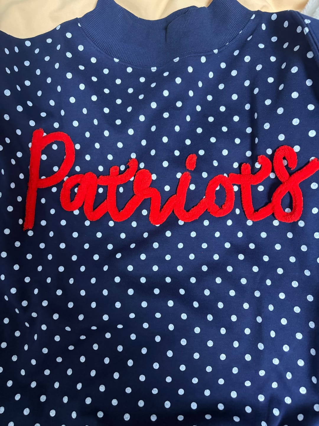 Customer photo review of Custom College Chenille Team Name Embroidered Polka Dot Mockneck Game Day Wear