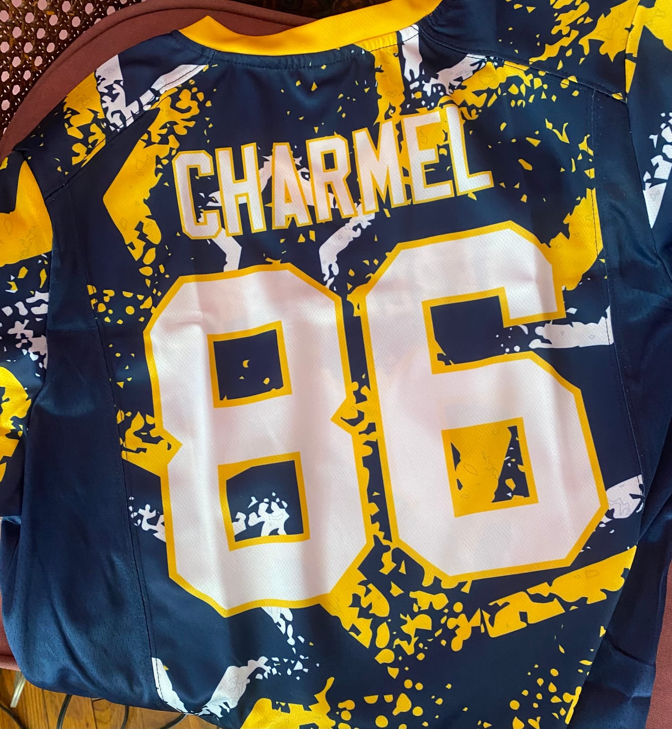 Customer photo review of Custom Navy Gold-White Personalized Star Graffiti Pattern Authentic Football Jersey