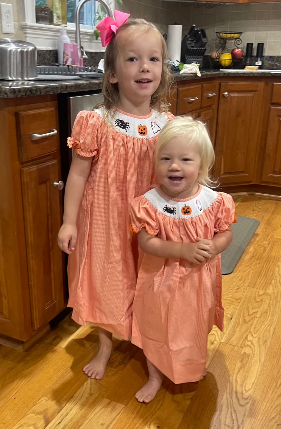 Customer photo review of Scary Smocked Orange Gingham Bishop Dress