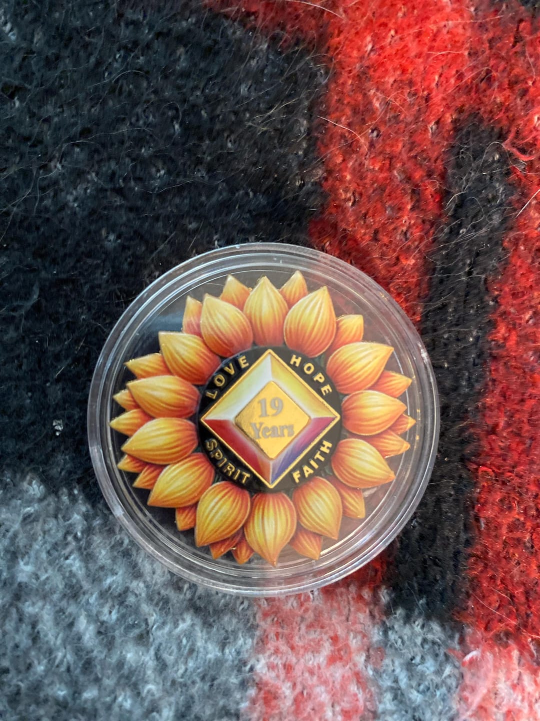 Customer photo review of Personalized Sunflower Serenity Recovery Sobriety Coin – Personalize Any Day, Month or Year