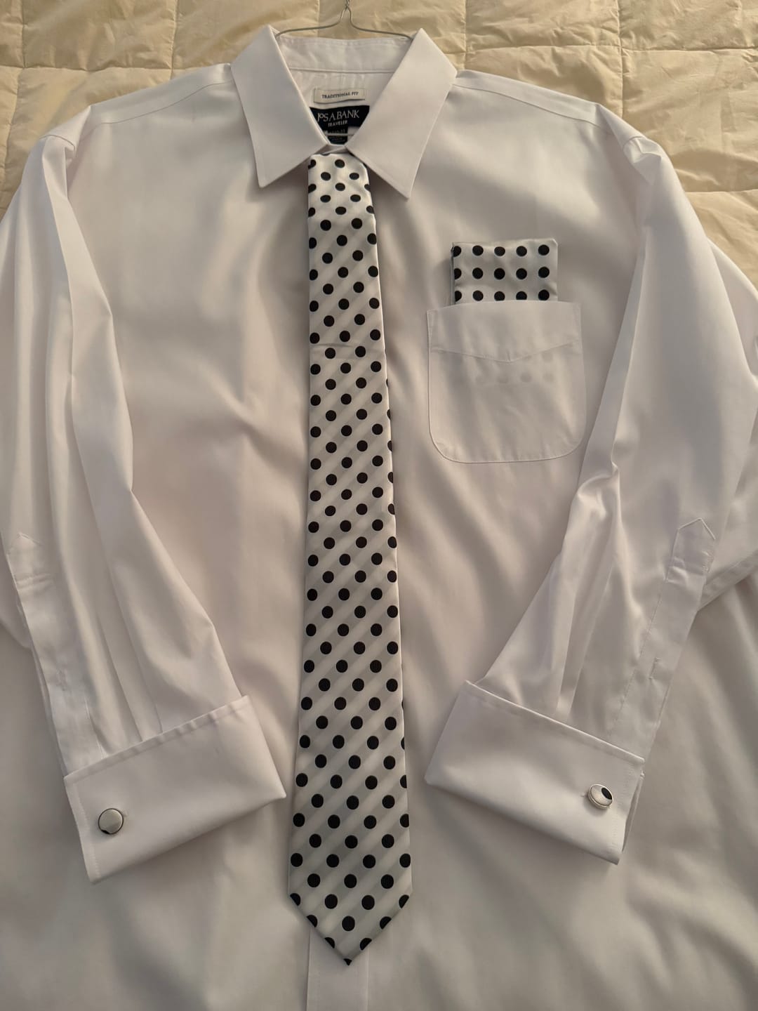 Customer photo review of Ties2you Mens White Tie Set Silk Polka Dot Woven Necktie Pocket Square Cufflinks Set