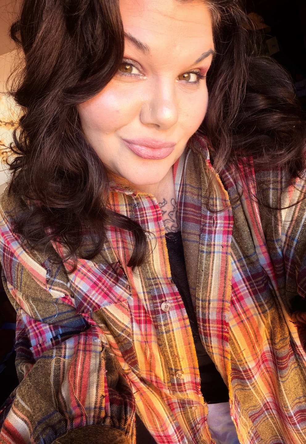 Customer photo review of Plaid Flannel Button Down Shirt Dress In Golden Kiwi