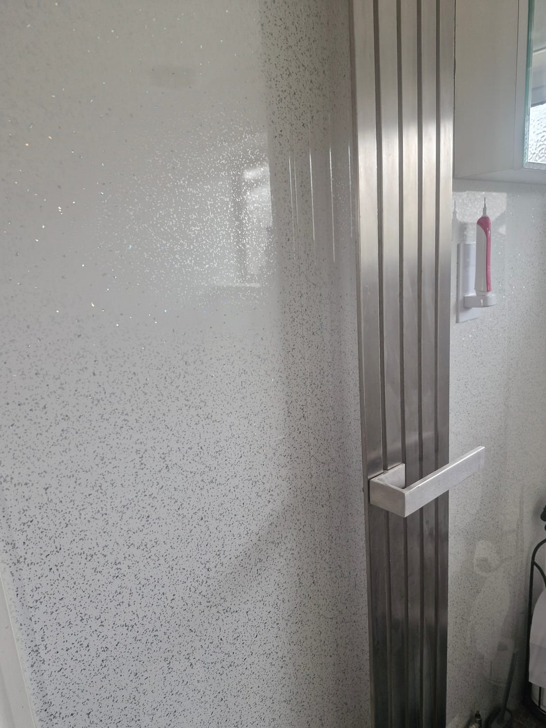 Customer photo review of 10mm Platinum White Sparkle Gloss Shower Panel 1M x 2.4M