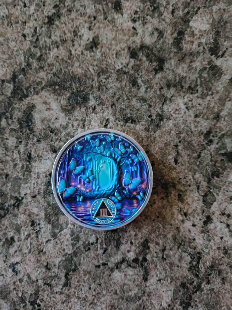 Customer photo review of Personalized Butterfly Forest Sobriety Coin – Personalize Any Day, Month or Year
