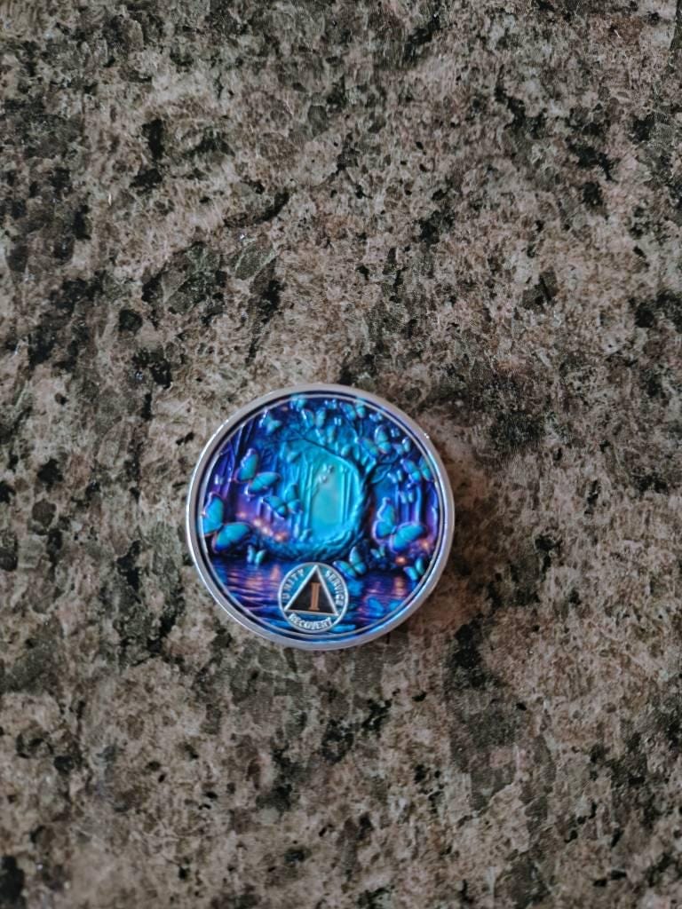 Customer photo review of Personalized Butterfly Forest Sobriety Coin – Personalize Any Day, Month or Year