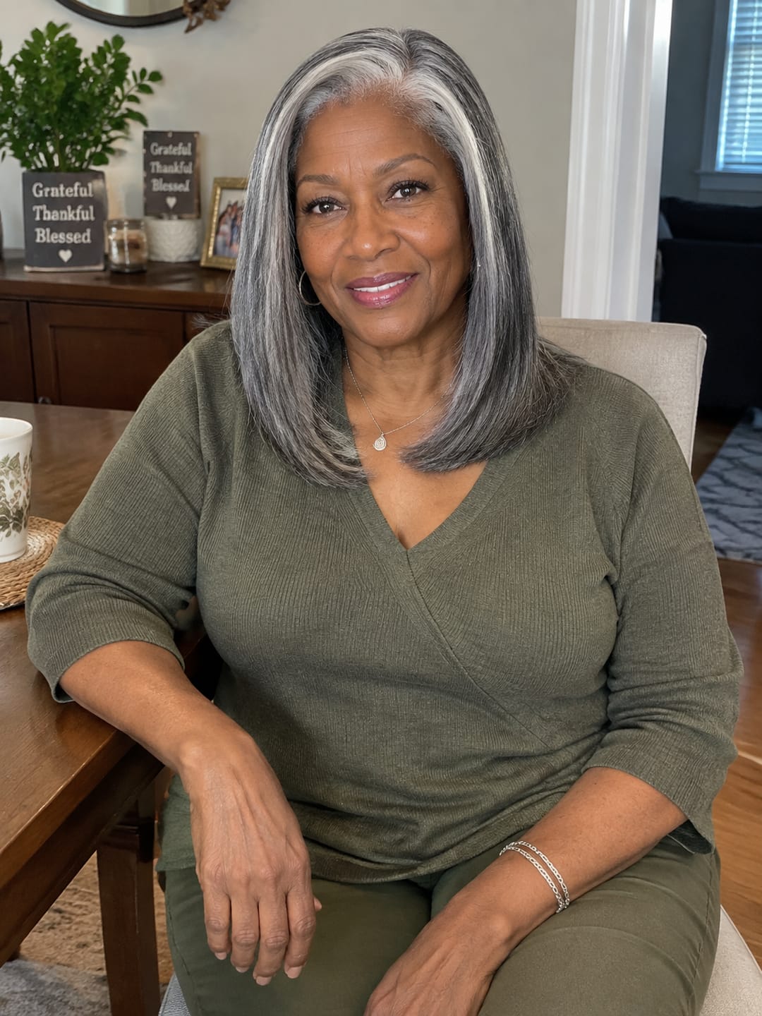 Customer photo review of Luvwin 4C Edges Salt & Pepper More Salt Highlight Front Glueless Straight Wig