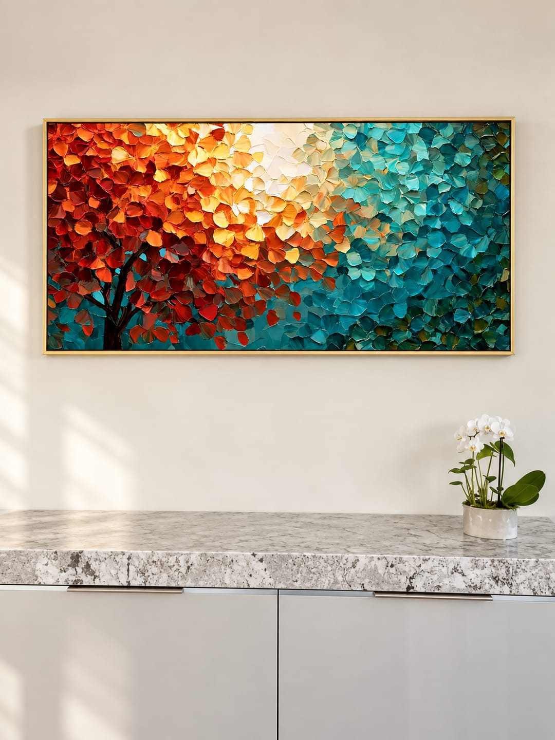 Customer photo review of "Dual Harmony" – Abstract Autumn Tree Teal Orange Textured Oil Painting