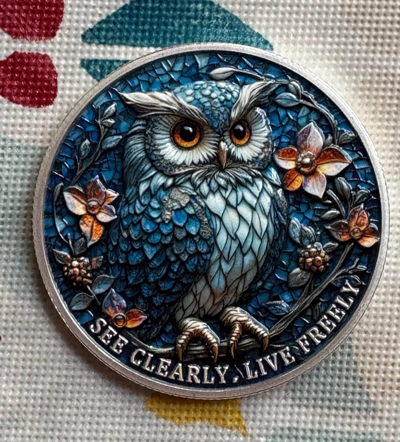 Customer photo review of Owl & Recovery Triangle Sobriety Coin – See Clearly