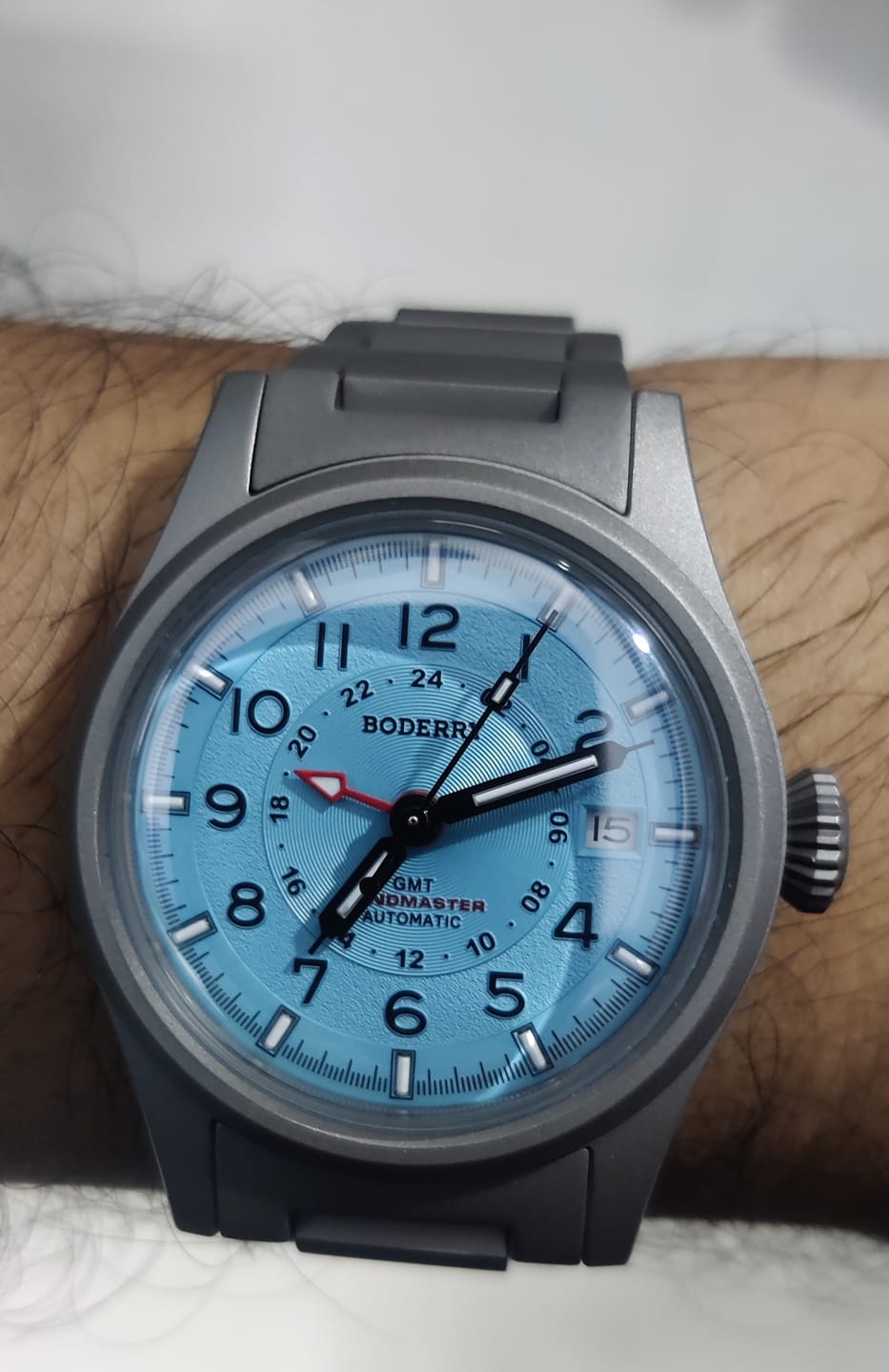 Customer photo review of LANDMASTER GMT – Titanium Automatic Tritium Field Watch | Ice Blue-bracelet