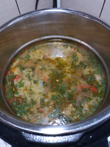 Customer's Novio SteelCook inner stainless steel pot filled with a freshly cooked herb-topped vegetable soup.