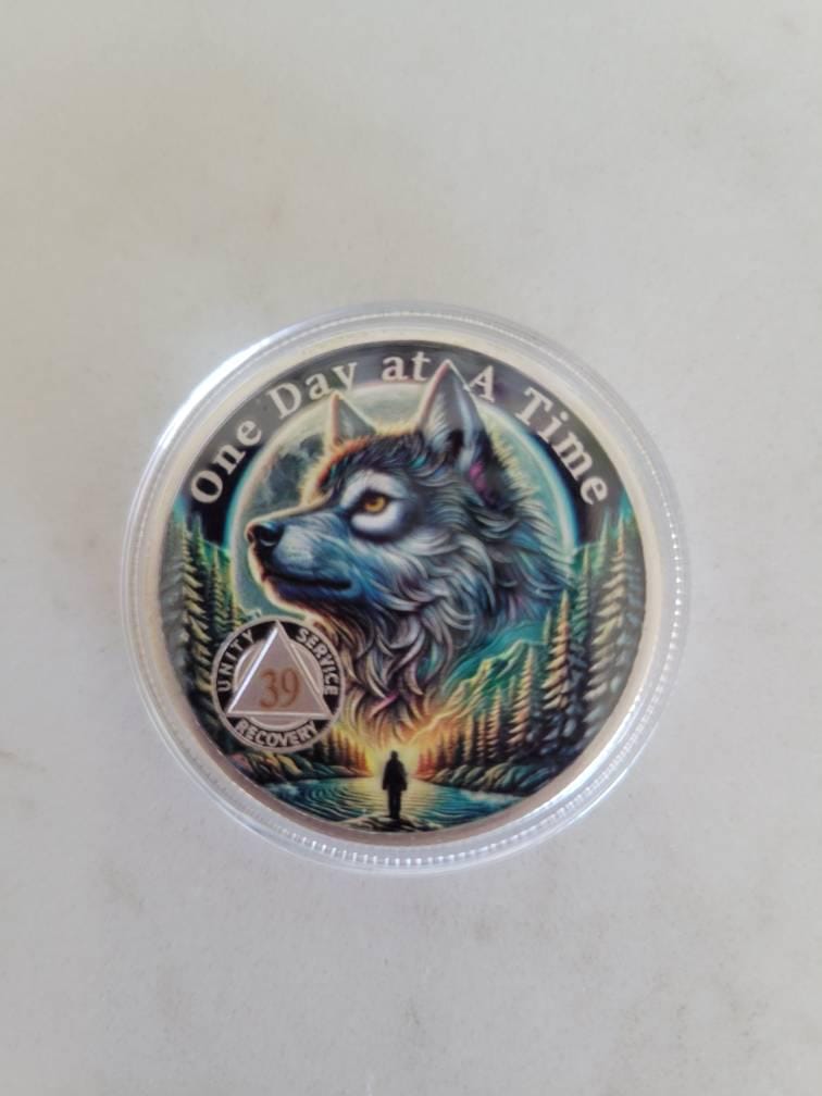 Customer photo review of Personalized Forest Wolf Sobriety Coin – Personalize Any Day, Month or Year