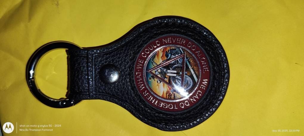 Customer photo review of Handmade Leather Sobriety Coin Holder Keychain