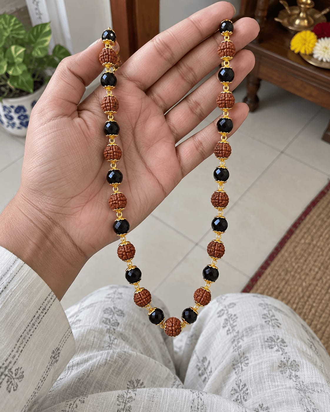 Customer photo review of Gold Plated Karungali & Rudraksha Premium Mala