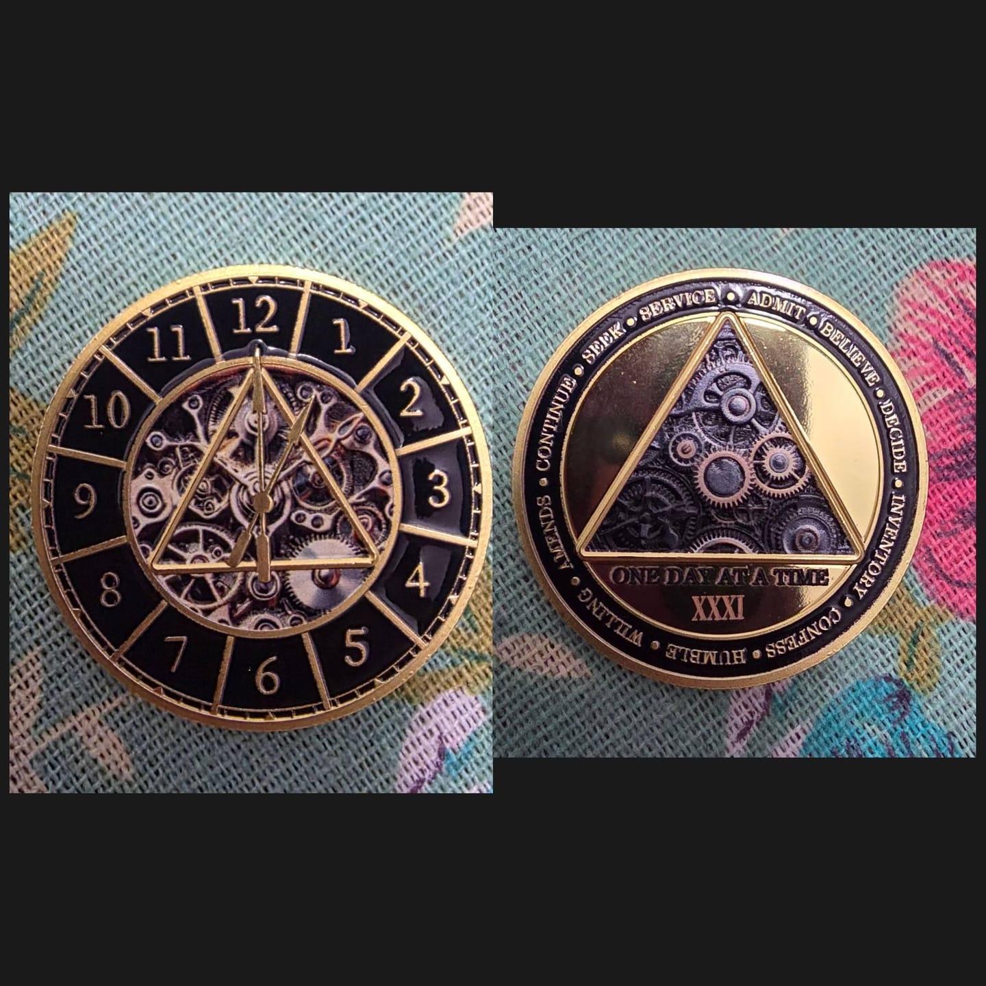 Customer photo review of Clock & Gear Design 12 Steps Sobriety Coin