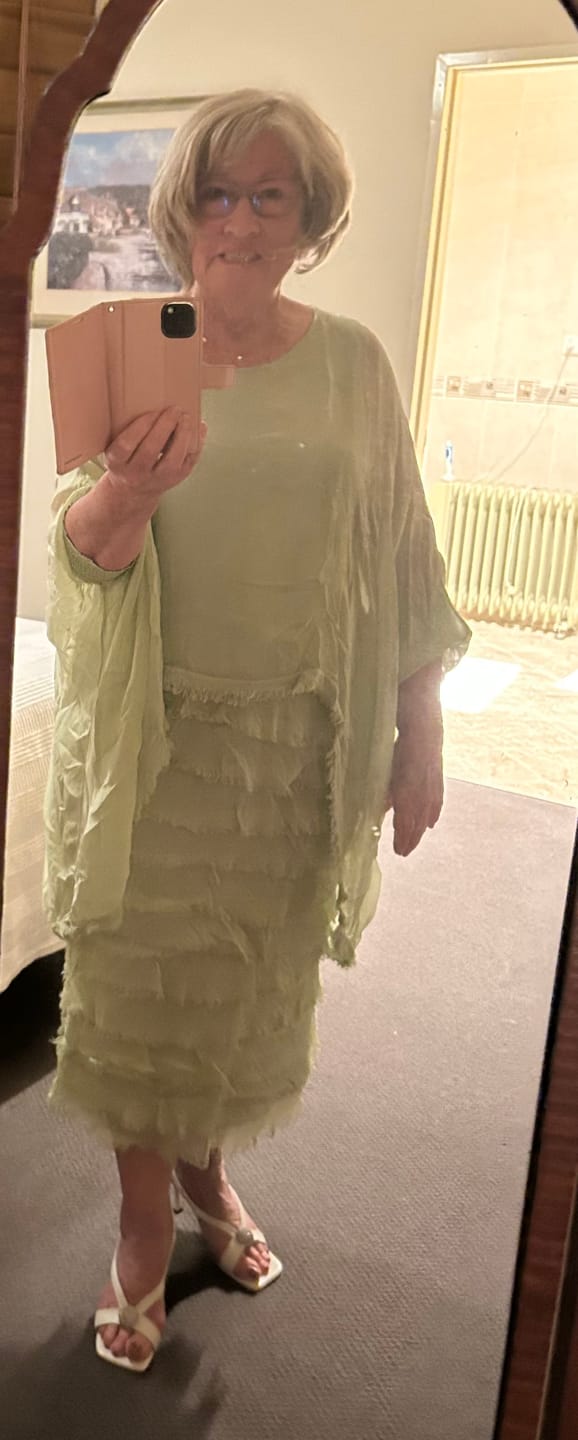 Customer photo review of Netty Silk Dress in Lily Green