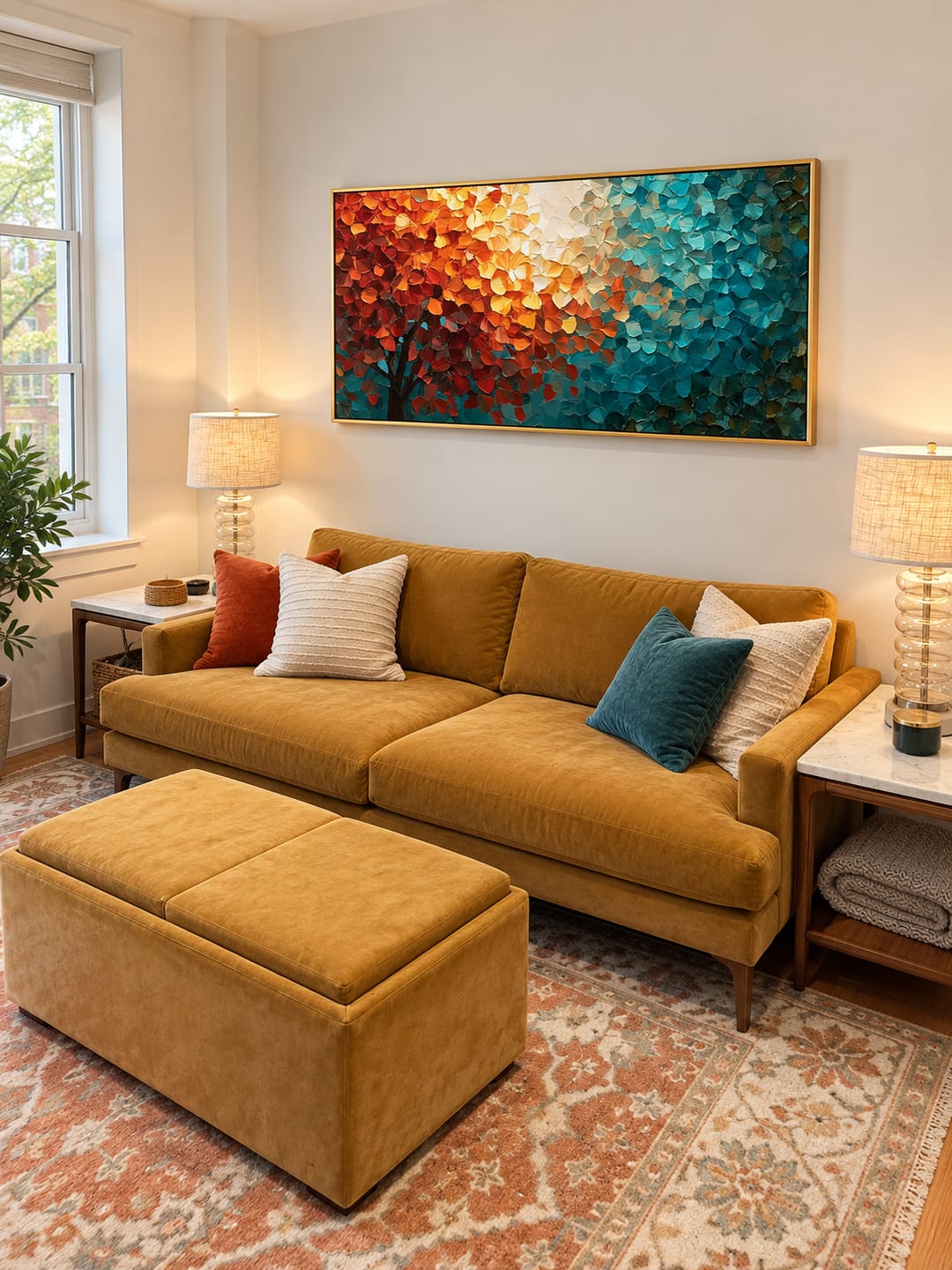 Customer photo review of "Dual Harmony" – Abstract Autumn Tree Teal Orange Textured Oil Painting