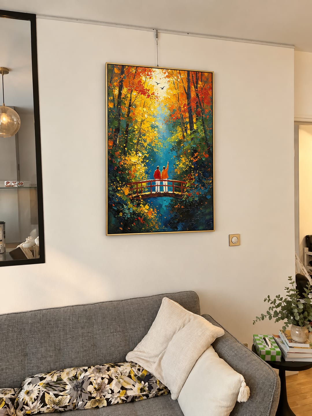 Customer photo review of "Golden Journey" – Impressionist Autumn Forest Footbridge Textured Oil Painting