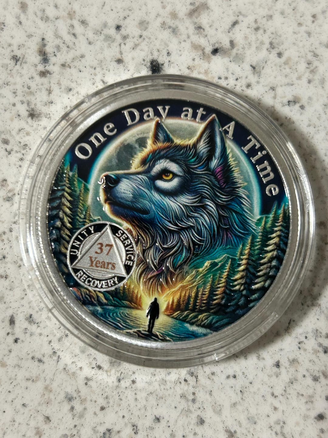 Customer photo review of Personalized Forest Wolf Sobriety Coin – Personalize Any Day, Month or Year