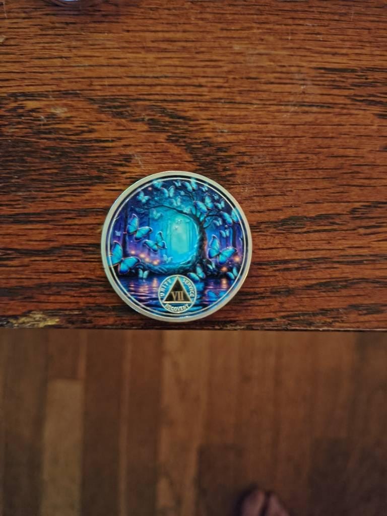 Customer photo review of Personalized Butterfly Forest Sobriety Coin – Personalize Any Day, Month or Year