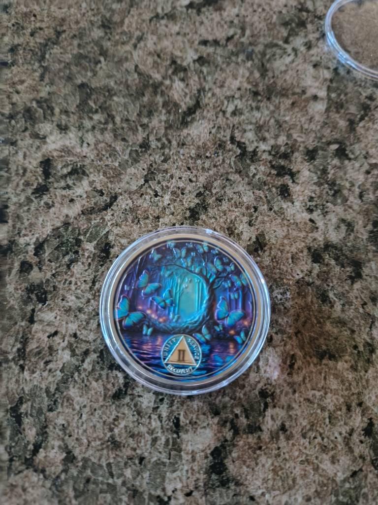 Customer photo review of Personalized Butterfly Forest Sobriety Coin – Personalize Any Day, Month or Year
