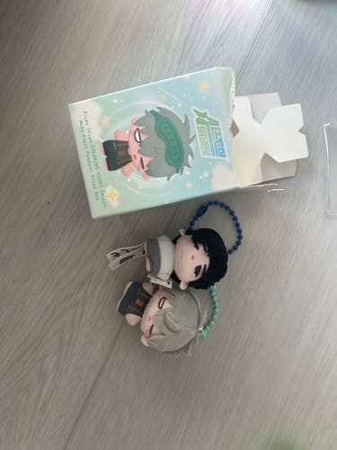 Customer's two palm-sized Alien Stage plush pendants next to their open product packaging.