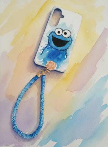 Customer's smartphone case featuring a blue Cookie Monster illustration and a blue beaded strap.