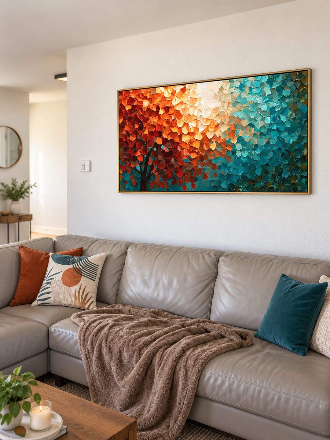 Customer photo review of "Dual Harmony" – Abstract Autumn Tree Teal Orange Textured Oil Painting