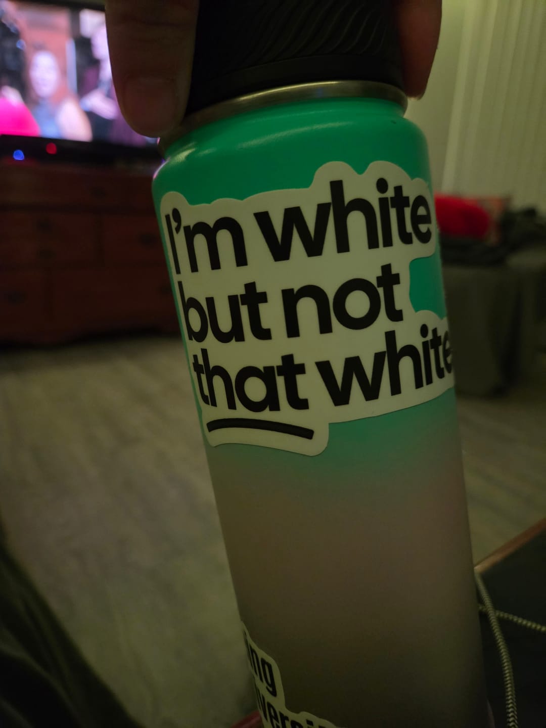 Customer photo review of I'm White but not that White Black/White Die Cut STICKER