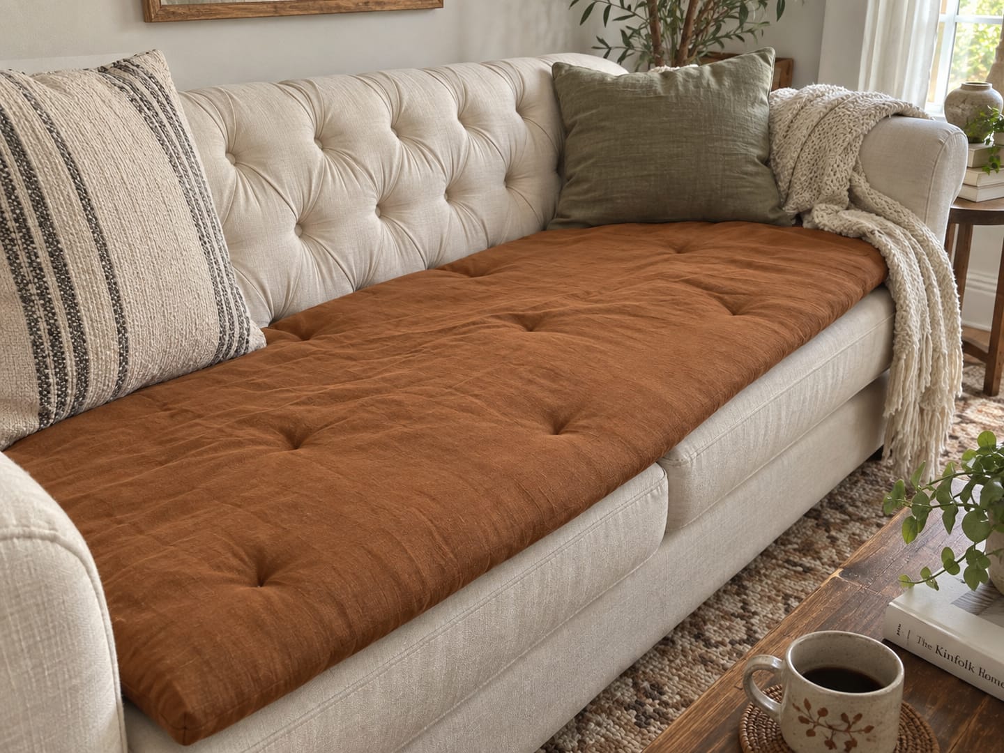 Customer photo review of Linen Sofa Topper Camel