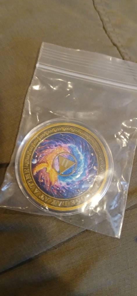 Customer photo review of Personalized Phoenix Rebirth Sobriety Coin – Personalize Any Day, Month or Year