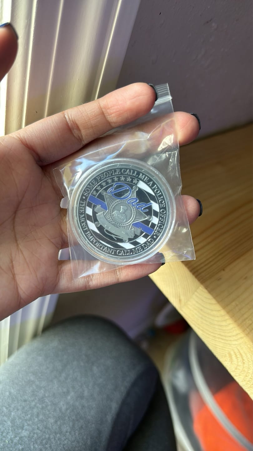 Customer photo review of Police Officer Dad Challenge Coin – Retirement & Graduation Gift