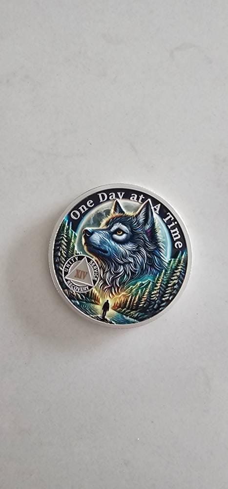 Customer photo review of Personalized Forest Wolf Sobriety Coin – Personalize Any Day, Month or Year