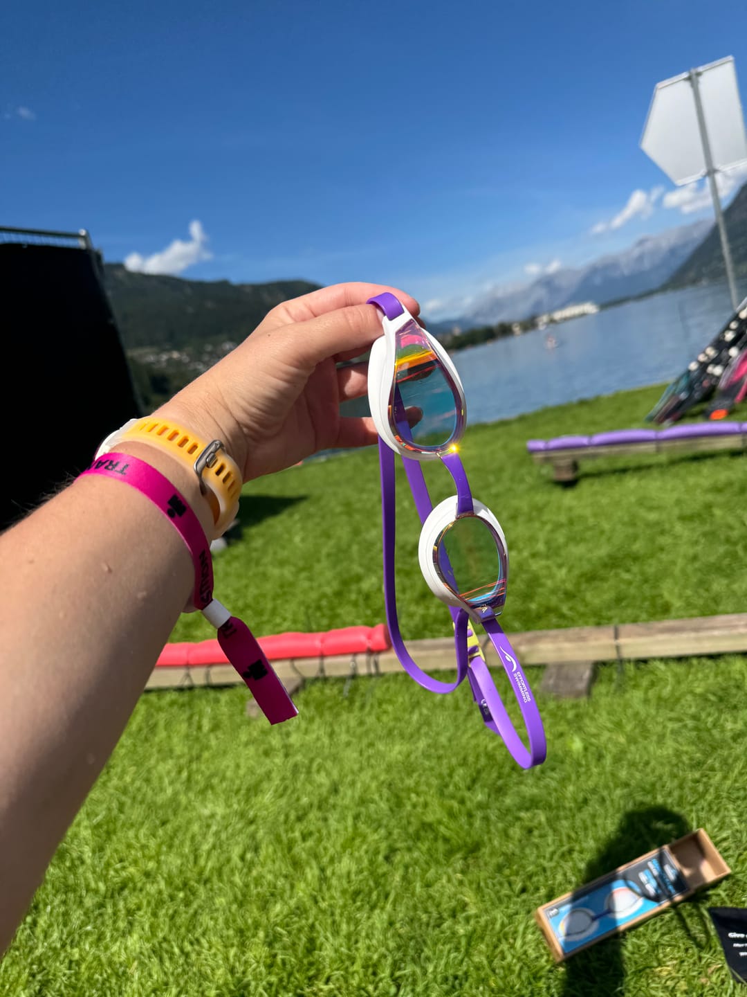 Customer photo review of NanoClear™ Strike Swim Goggles Sunrise Mirror - (White/Purple)