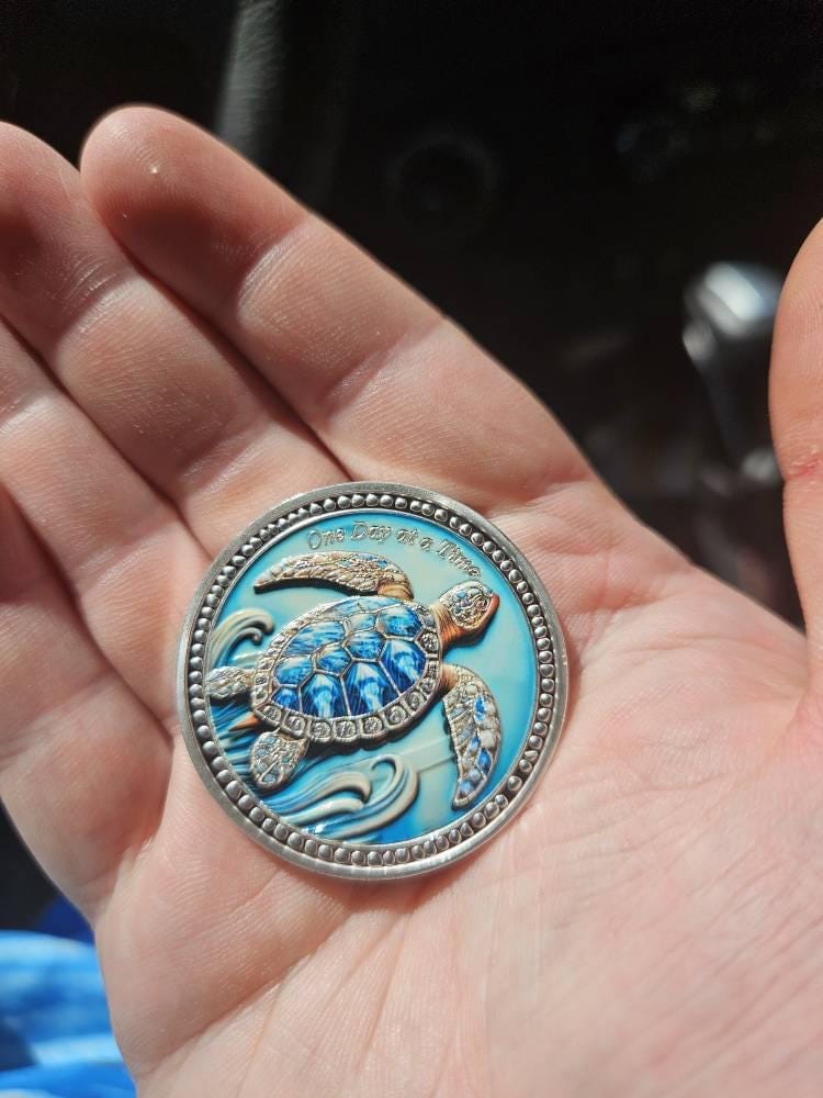 Customer photo review of 3D Turtle Sobriety Coin – One Day at a Time Recovery Token