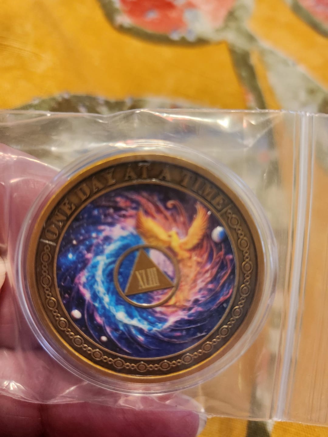Customer photo review of Personalized Phoenix Rebirth Sobriety Coin – Personalize Any Day, Month or Year