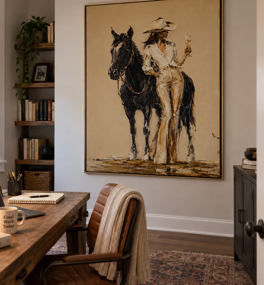 Customer photo review of Champagne Cowgirl-Black Horse Western Painting
