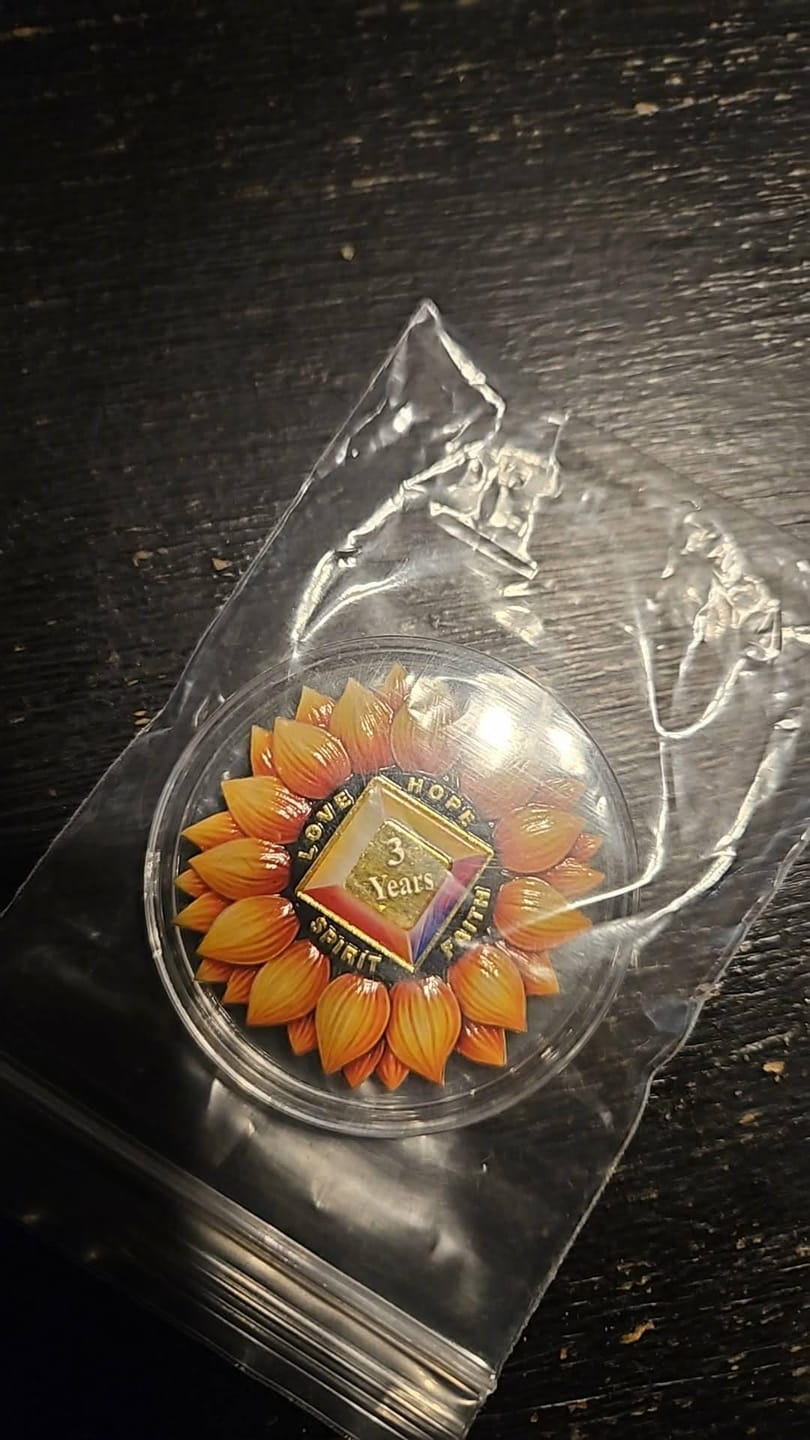 Customer photo review of Personalized Sunflower Serenity Recovery Sobriety Coin – Personalize Any Day, Month or Year