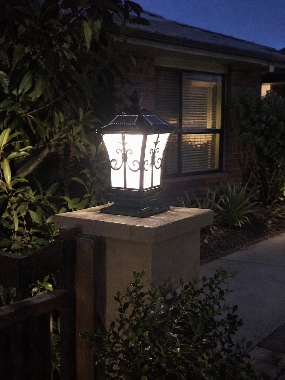 Customer photo review of 2-Pack Heritage Solar Pillar Lights | Dusk to Dawn Waterproof Gate Post Lamps
