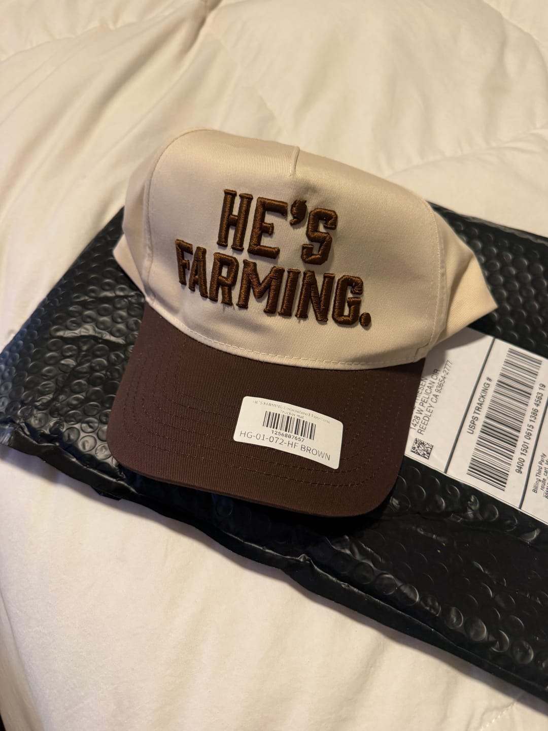 Customer photo review of HE'S FARMING Embroidered Two-Tone Trucker Hat