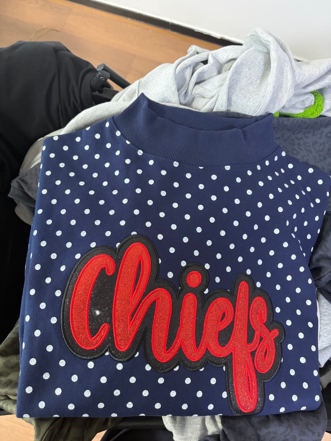 Customer photo review of Custom Glitter Team Name Polka Dot Mockneck | Game Day Wear