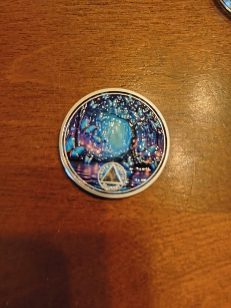 Customer photo review of Personalized Butterfly Forest Sobriety Coin – Personalize Any Day, Month or Year