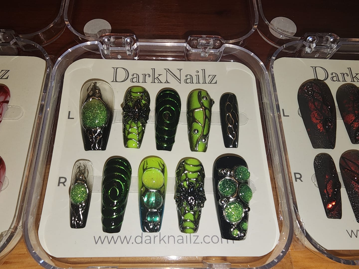 Customer photo review of Green Press On Nails, Y2K Trending Spider Web Summer Dark Green Nails | DarkNailz