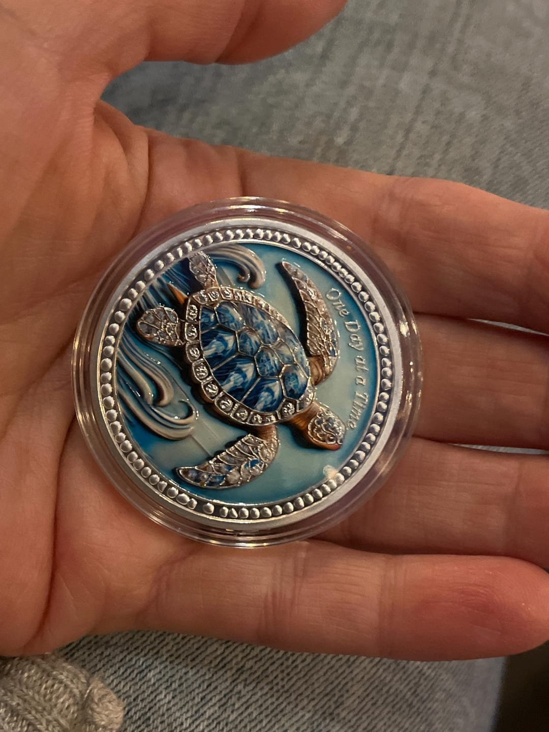 Customer photo review of 3D Turtle Sobriety Coin – One Day at a Time Recovery Token