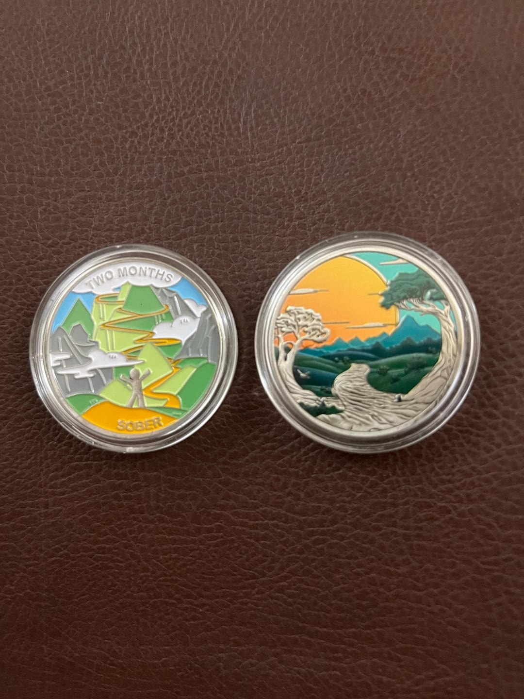 Customer photo review of Personalized Mountains & Highways Sobriety Coin – Personalize Any Day, Month or Year