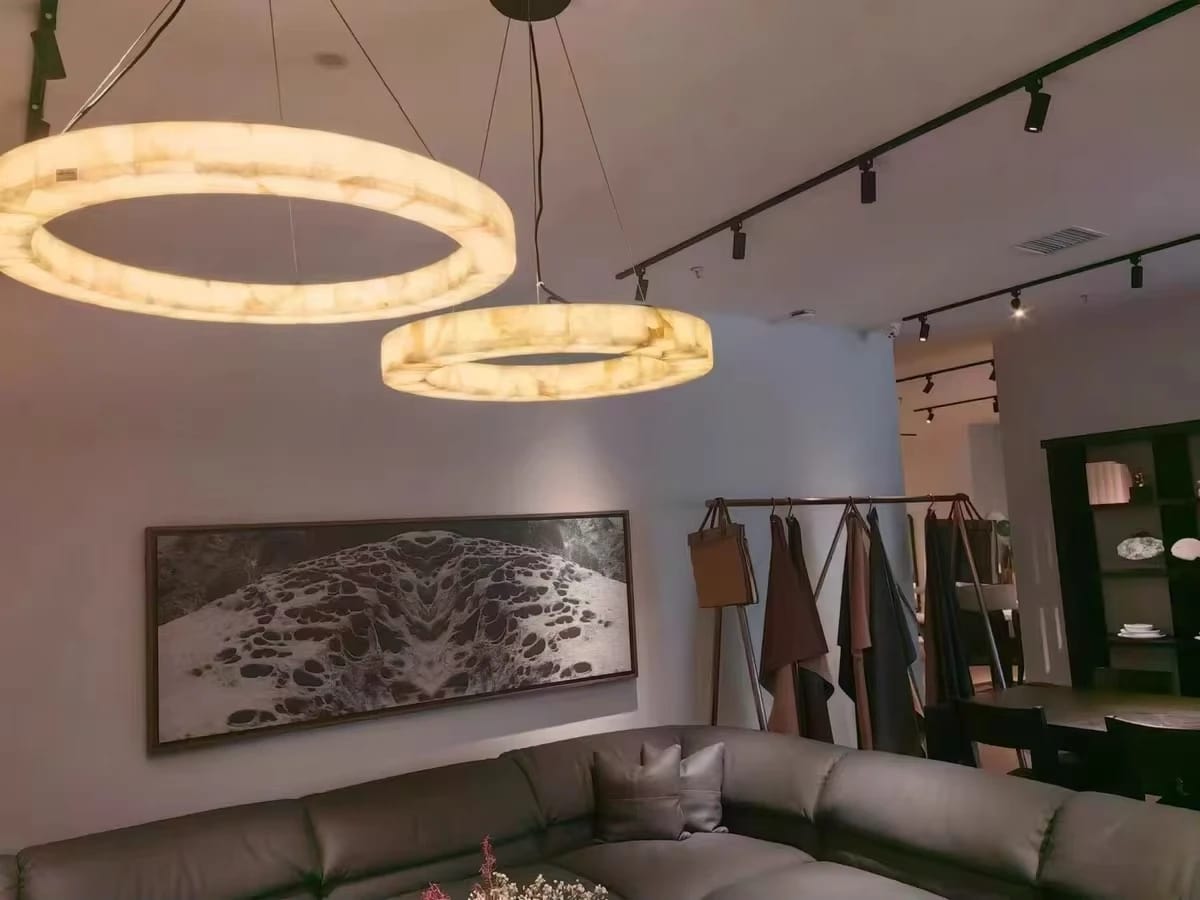 Customer photo review of Round Alabaster Chandelier for Dining Table, Gold Hardware, 50 cm