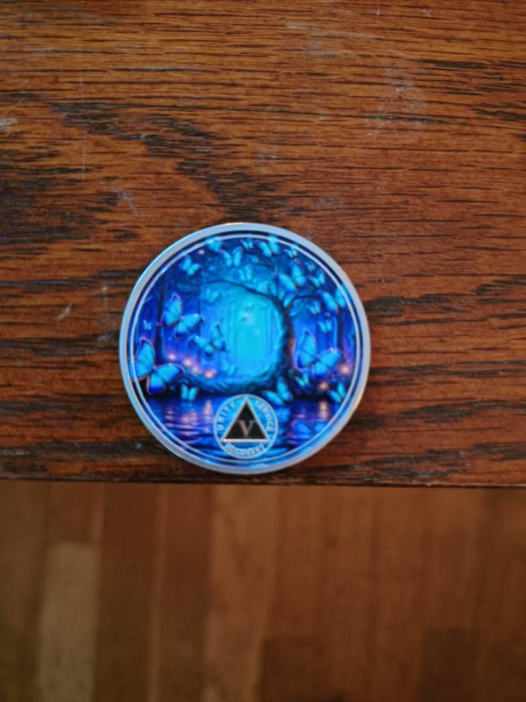 Customer photo review of Personalized Butterfly Forest Sobriety Coin – Personalize Any Day, Month or Year